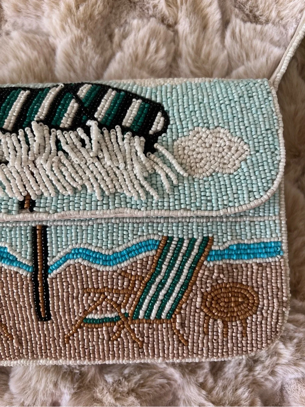Beaded Beach Scene Beaded Shoulder Bag in Light Blue & White NWT